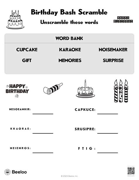 Birthday-themed Word Scrambles • Beeloo Printables