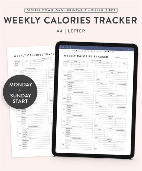 Printable Calorie Tracker Counter Fillable Weekly Calories Planner 5 Sizes A4 A5 And Us