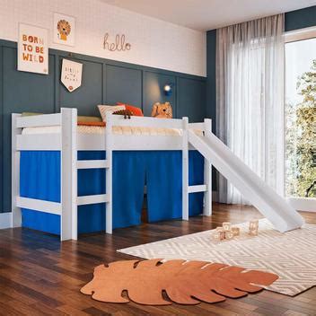 Cama Infantil Solteiro Escorregador Branco E Cortina Azul Secreto