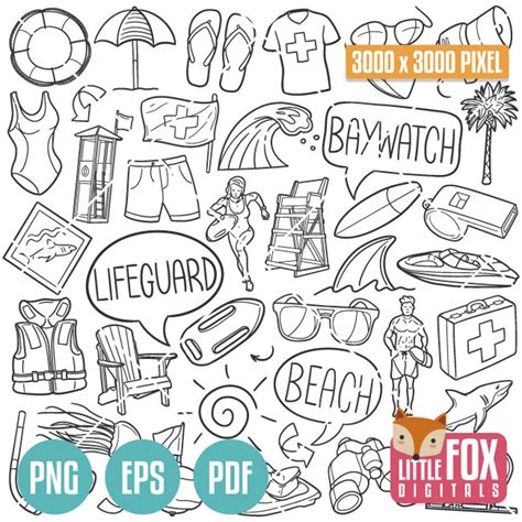 Lifeguard Baywatch Doodle Vector Icons Summer Beach Icons Clipart Scrapbook Set Hand Drawn