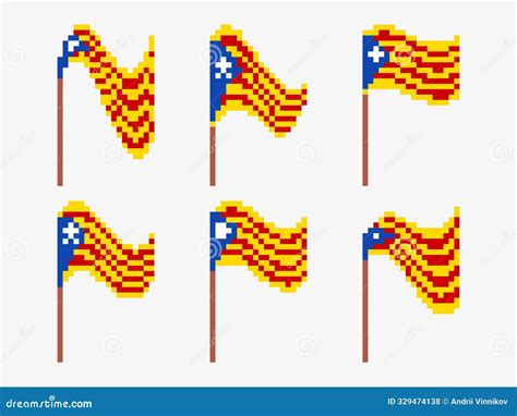 Pixel Art Set Of Catalonia Flag Icons Isolated On White Background Waving Flag Of Catalonia In