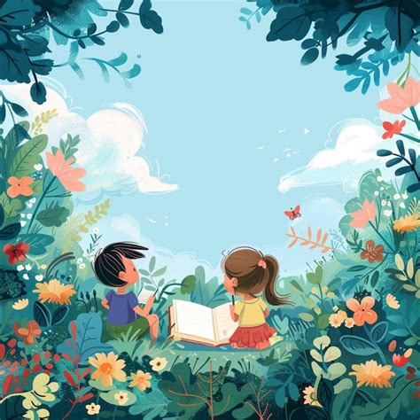 Illustration of two children reading a book in a garden generative ai ...