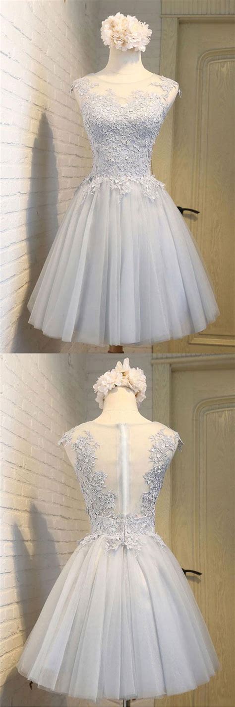 Simple Round Neck Lace Applique Tulle Short Prom Dress Homecoming