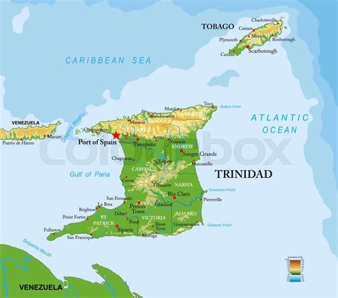 Trinidad And Tobago Islands Highly Detailed Physical Map Stock Vector