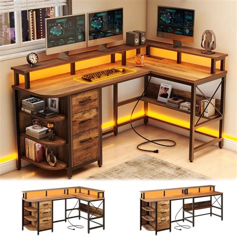 67" L Shaped Computer Desk with LED Lights and Power Outlets ...