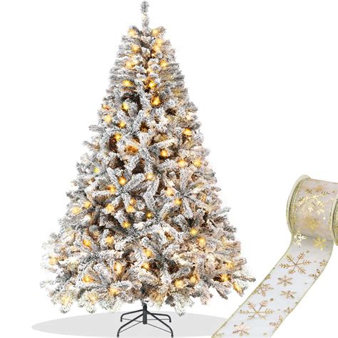 7 5ft Pre Lit Flocked Christmas Tree Artificial Xmas Tree Hinged Pine