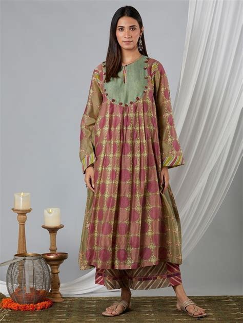 Buy Off White Thread Work Chanderi Hand Block Printed Kurta With Cotton