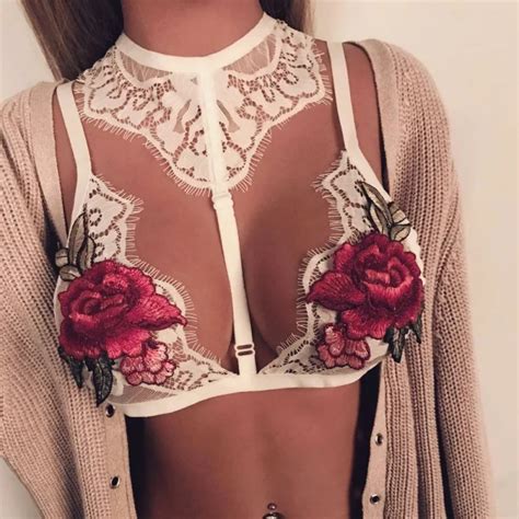 Women Summer Floral Embroidery Lace Bralette Sexy Black Triangle Unpadded Choke Tie Club