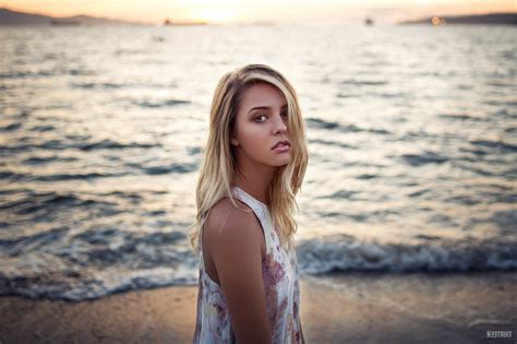 Women Blonde Sunset Sea Sand Portrait Wallpaper Resolution 2048x1365