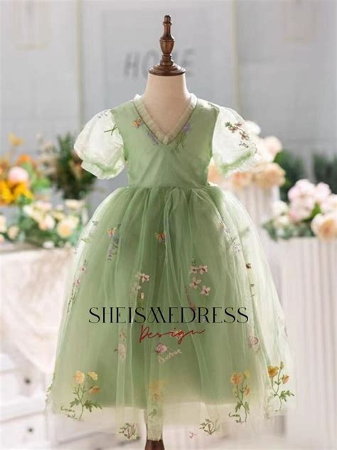 Lace Flower Girl Dress Sage Green Floral Embroidered Tulle Flower Girl