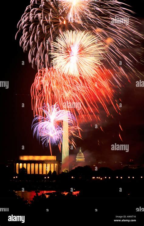 Washington, D.C., USA, July 4th fireworks over The Mall, Capitol, Washington Monument and ...