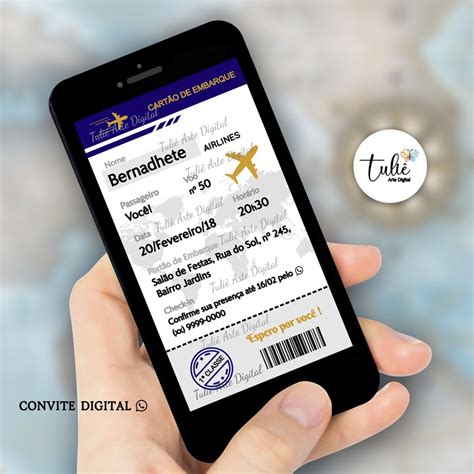 Convite Digital Viagem Cartão de Embarque Bilhete no Elo7 Tuliê