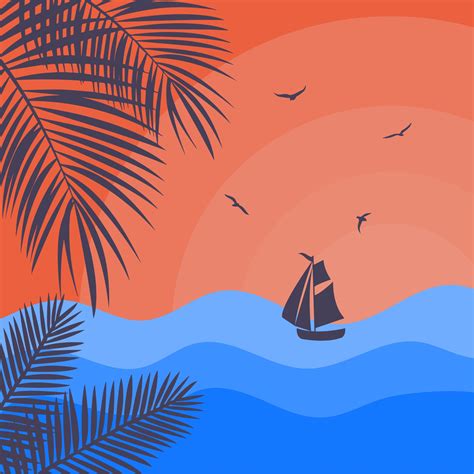 Sea sunset with boat silhouette and palm branches. 3398353 Vector Art ...