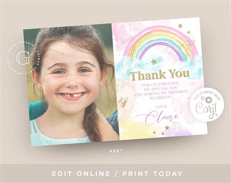 Rainbow Thank You Card Photo Card Rainbow Party Invitation Birthday