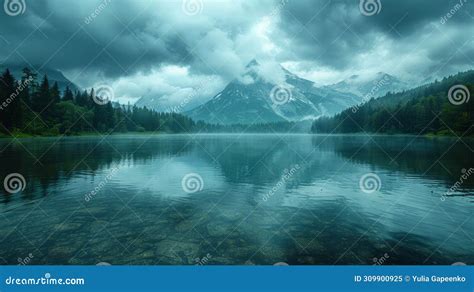 A Body Of Water Surrounded By Mountains Under A Cloudy Sky Stock Image