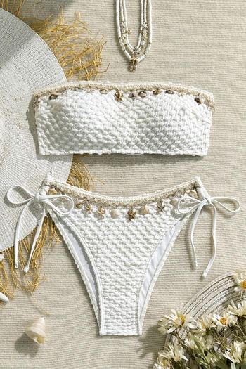 Wholesale Sexy Textured Shell Decor Removable Padding Lace Up Bandeau Bikini Set BA024456