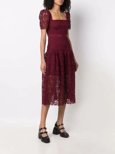 Self Portrait Grosgrain Trimmed Guipure Lace Midi Dress In Red Modesens