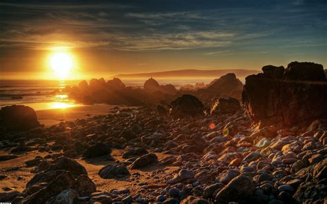 Wallpaper Sunlight Landscape Sunset Sea Rock Beach Sunrise