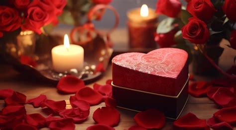 Premium Photo A Heart Shaped Box With Roses Petals And Candles