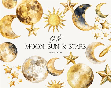 Gold Watercolor Moon Clipart Gold Sun Clipart Gold Crescent Moons