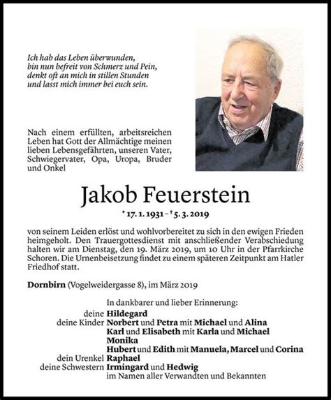 Todesanzeigen Von Jakob Feuerstein Todesanzeigen Vorarlberger Nachrichten