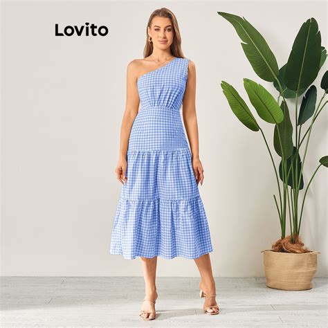 Lovito Women Casual Plaid Asymmetrical Tiered Layer Dress Lbl