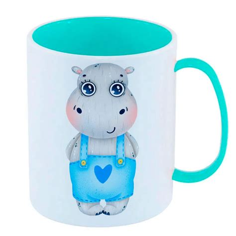 Caneca de Polímero Plástico Inquebrável Infantil Azul Hipopotamo Menino