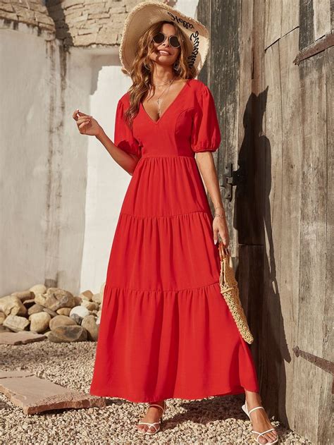 Solid Ruffle Hem V Neck Smock Dress Red Summer Dresses Smock Dress