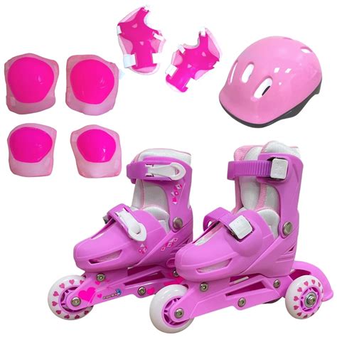 Patins triline 3 rodas infantil 2x1 kit proteção rosa 31 34 Ajustável