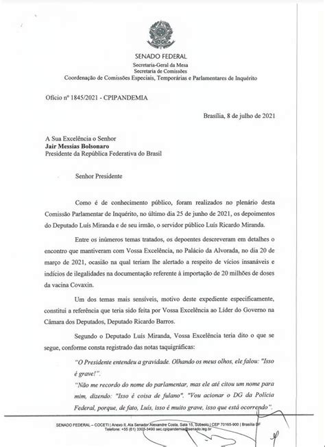 Cúpula da CPI cobra em carta que Bolsonaro responda a denúncias de Luis