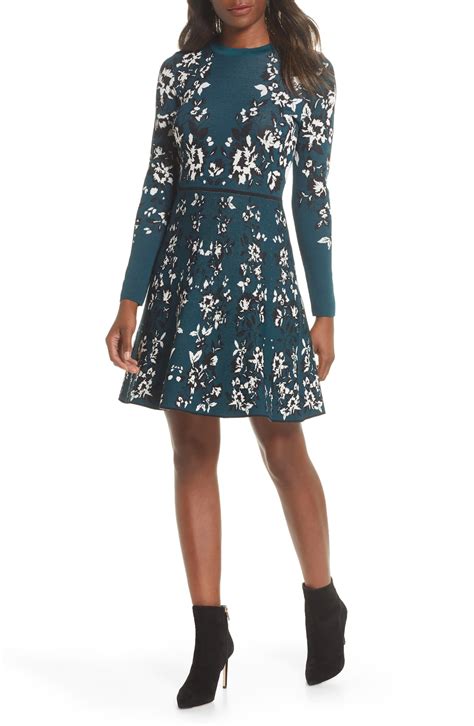 Eliza J Floral Long Sleeve Fit And Flare Sweater Dress Nordstrom