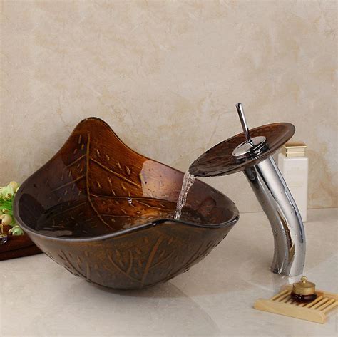 Leaf Art Washbasin With Waterfall Faucet-tempered Glass Sink Set ...