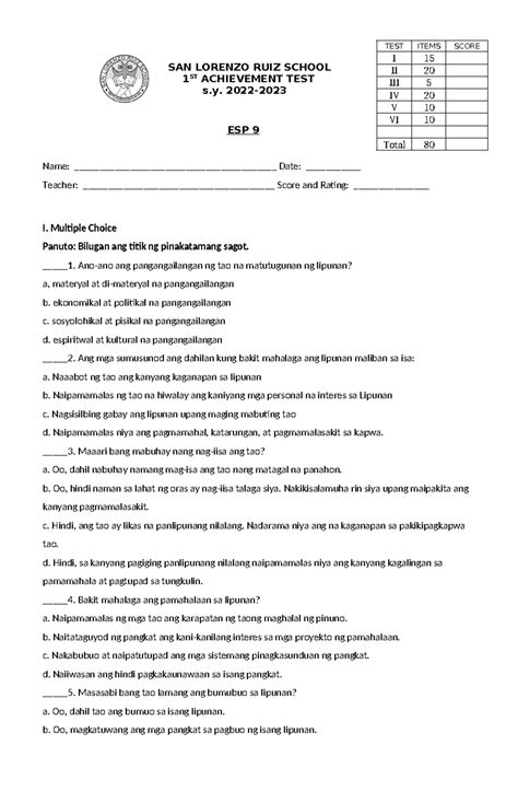 ESP 9 1ST AT - ESP 1ST ACHIEVEMENT TEST - SAN LORENZO RUIZ SCHOOL 1 ST