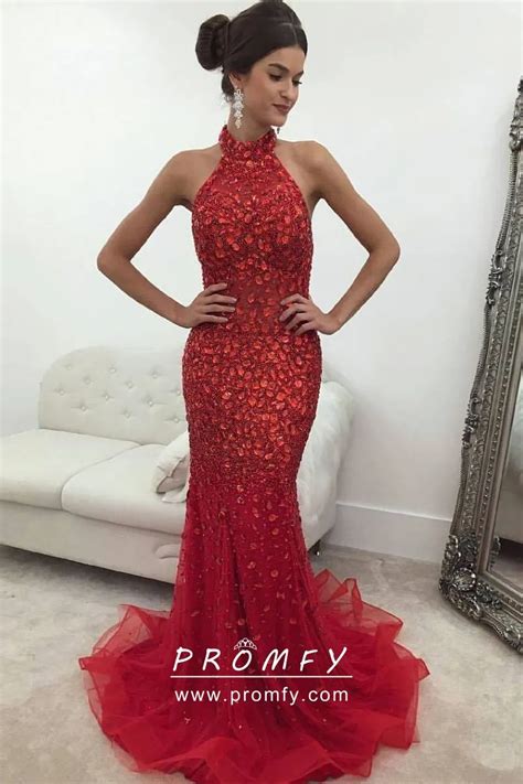 Sparkly Red Rhinestone Diamond Halter High Neck Mermaid Long Prom Dress