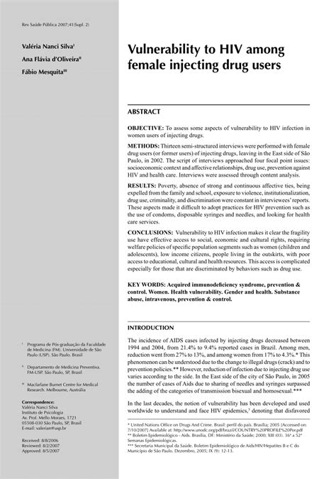 Pdf Vulnerability To Hiv Among Female Injecting Drug Users