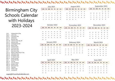 Birmingham City Schools Calendar with Holidays 2023-2024