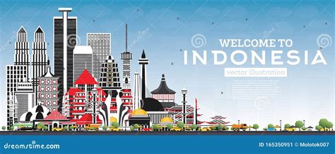 Welcome To Indonesia Skyline With Gray Buildings And Blue Sky Stock