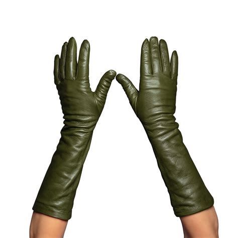 Womens Long Leather Gloves Olive Green Beau Gant Leather Gloves