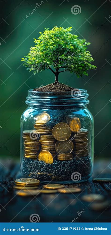 small tree growing  coins  glass jar symbolizing investment stock