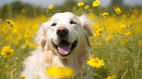 黄色い花に囲まれた野原に横たわる犬 夏の犬の写真背景画像素材無料ダウンロード Pngtree