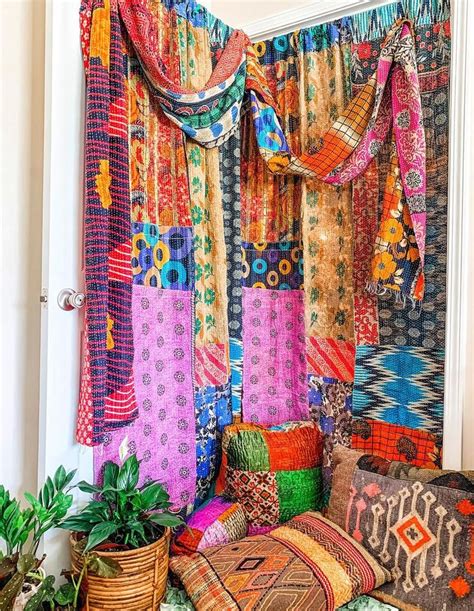 Boho Curtain Panels Kantha Patchwork Quilted Colorful Hippie Etsy