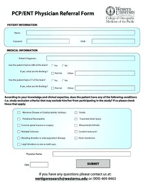 Fillable Online Westernu Pcp Ent Physician Referral Form Westernu Fax