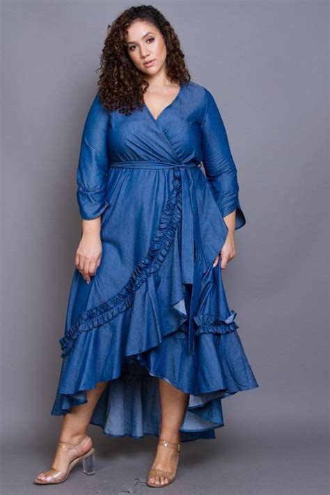 Plus Size Glam Ruffle Trim Denim Maxi Dress Plus Size Outfits Plus