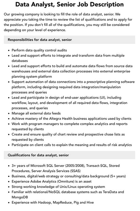 Data Analyst Senior Job Description Velvet Jobs