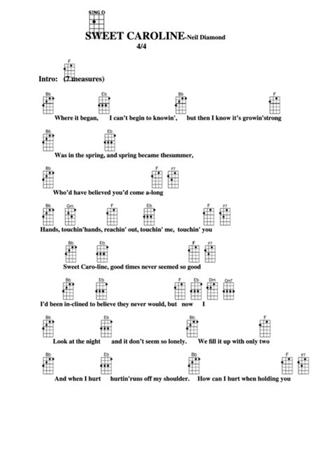 Sweet Caroline - Neil Diamond Chord Chart printable pdf download