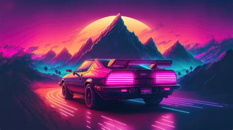 Outrun Wallpaper 4K, AI art, Neon, Retrowave