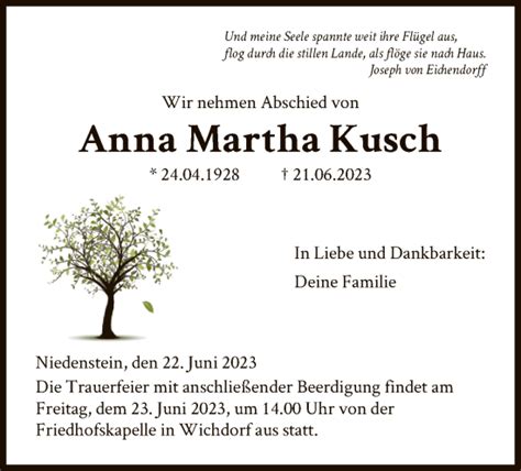 Traueranzeigen Von Anna Martha Kusch Trauer HNA De