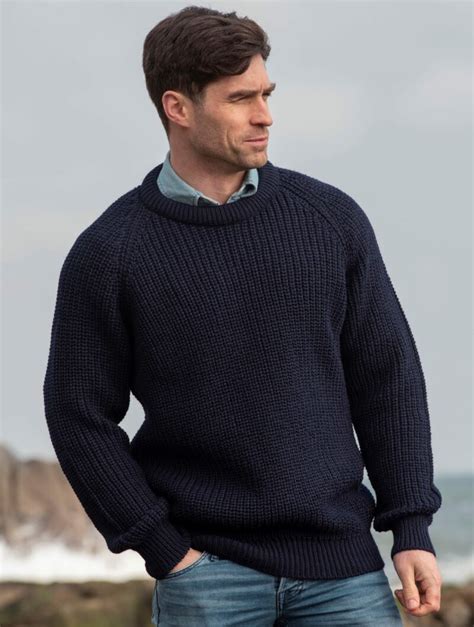 Mens Crew Neck Fishermans Sweater Ribbed Aran Sweaters Direct