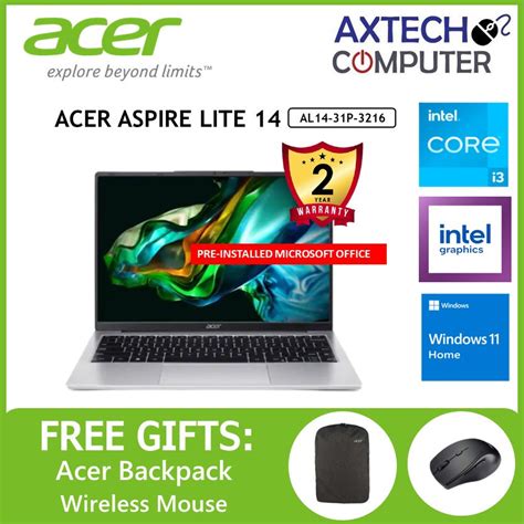 Acer Aspire Lite 14 AL14 31P 3216 14 WUXGA Laptop Pure Silver I3 N300