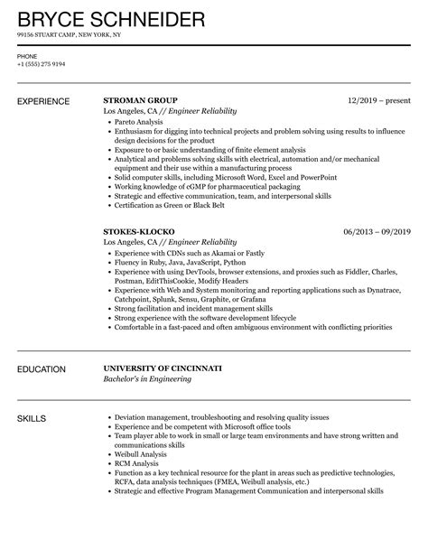 Engineer Reliability Resume Samples Velvet Jobs